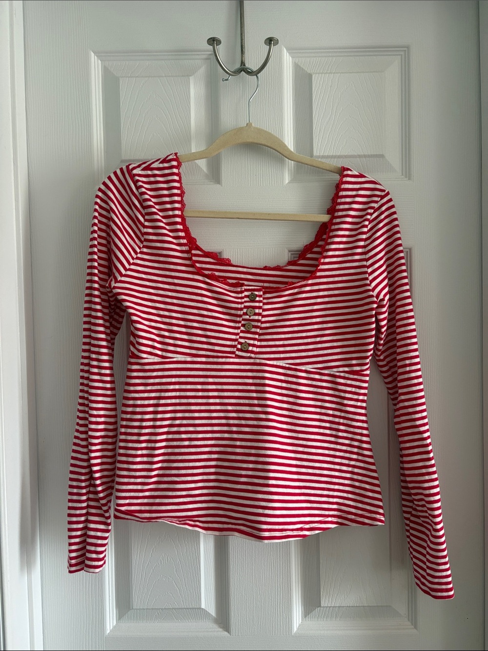 Red & White Striped Long-Sleeve Henley Babydoll Top 2000s